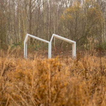 Two house-like structures in an autumn field.