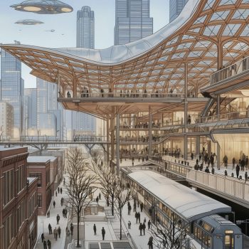A futuristic cityscape with tall skyscrapers, a glass and wood canopy, elevated walkways, modern trains, people walking, and flying vehicles in the sky on a clear day. Snow covers the ground and trees.