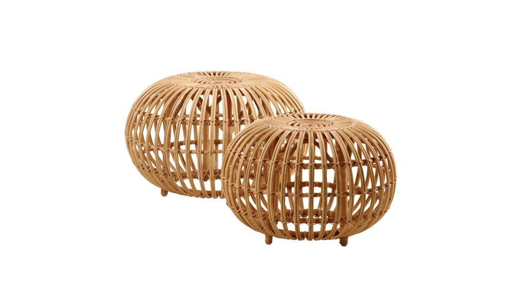 Two round, woven rattan ottomans with open, airy designs, one larger and one smaller, are placed side by side against a white background.
